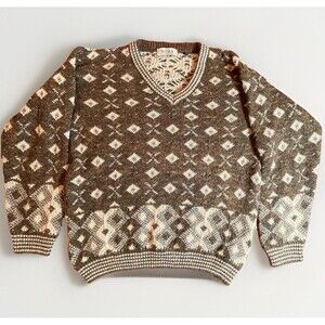 NOBA Wool Sweater Men’s Large 50 Italian Alpaca Argyle V-Neck Brown Vtg Classic